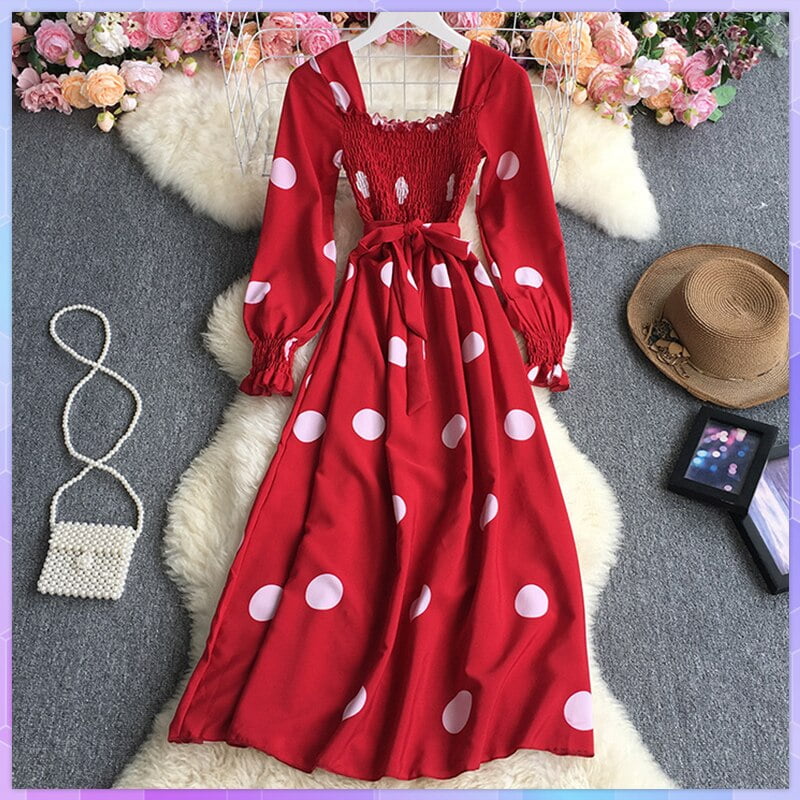 Robe mi-longue à pois pour femme, col carré, manches longues lanterne, taille haute, vacances éducatives, robe de soirée, printemps, automne 2