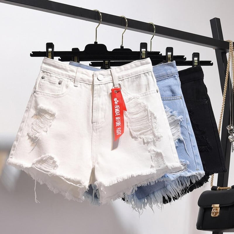 Short en Jean Baggy Déchiré pour Femme, Taille Haute, Noir 1