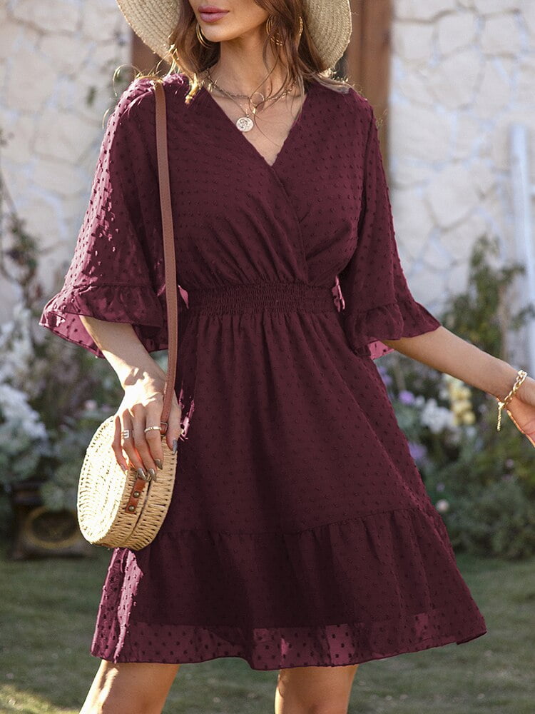 Robe mi-longue en mousseline de soie à pois pour femmes, col en V, manches mi-longues, à volants, couleur unie, streetwear, mode, été 2