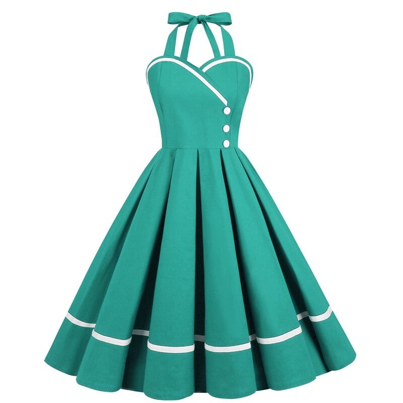 Robe de soirée mi-longue vintage, imprimé à pois, boutons, dos nu, sans manches, bretelles, sans bretelles, col licou, slim, été 2