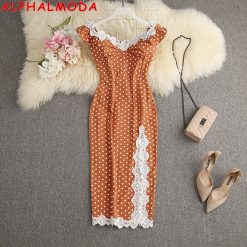 ALPHALMODA-Robe en dentelle à pois pour femme, épaules dénudées, fente haute, sexy, classique, nouveau, été, 2021 1