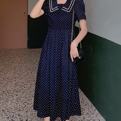 Robe mi-longue à pois noirs pour femmes, manches courtes, col beurre, robe Hepburn vintage, robes de soirée et d'événements, coréen, été, nouveau, 2023 1