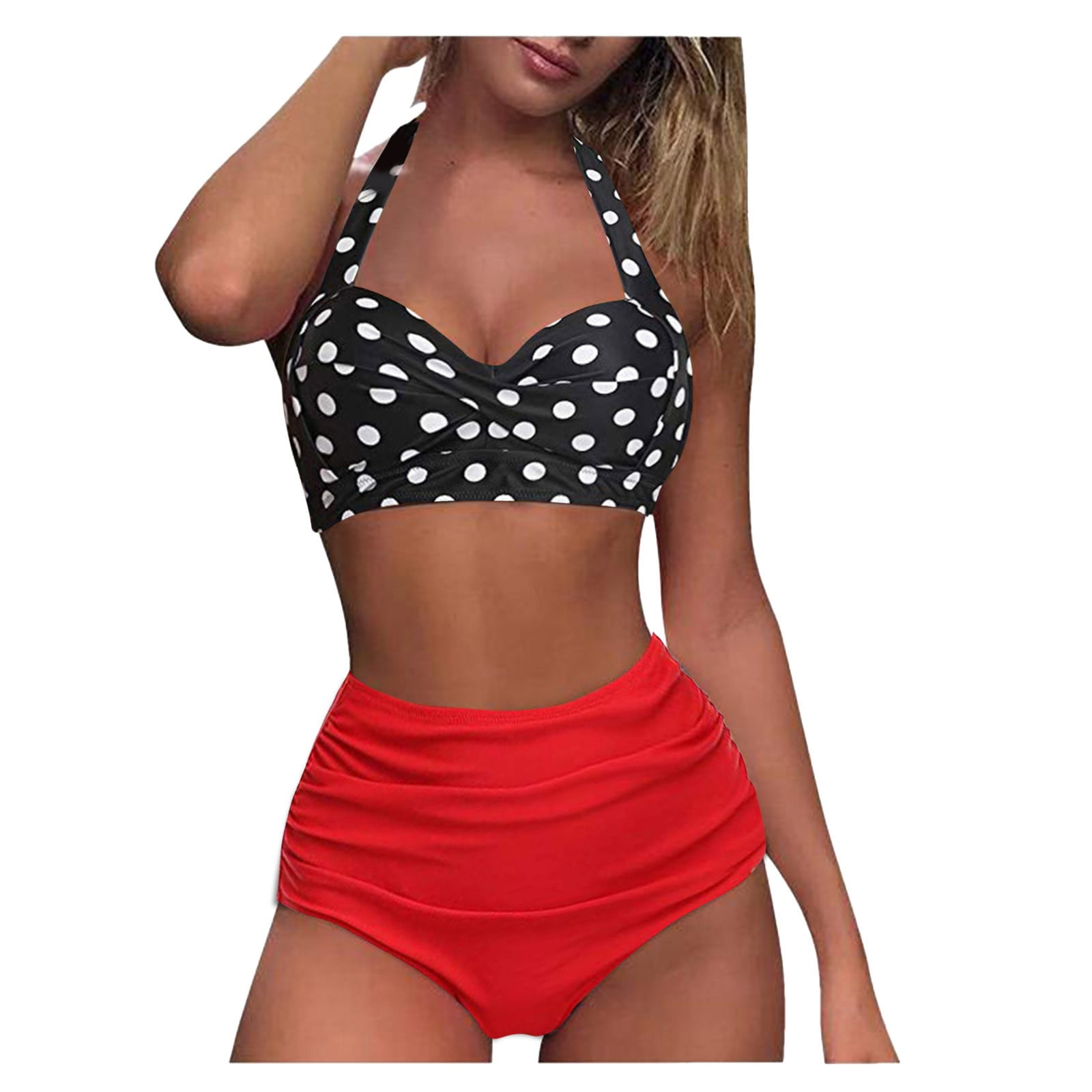 Tankni-Maillot de bain deux pièces pour femmes, imprimé à pois, col licou, sexy, plissé, plage, été 2