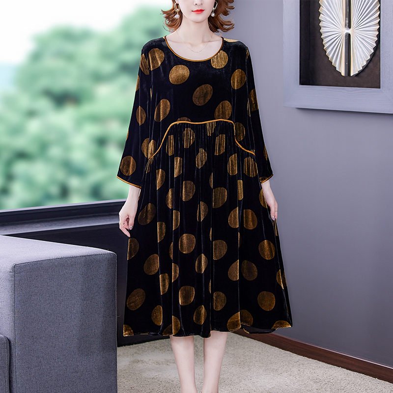 Robe mi-longue en velours à pois dorés pour femmes, vêtements de grande taille, robe à fond, coréen, français, automne, hiver, nouveau, M750, 2021 2