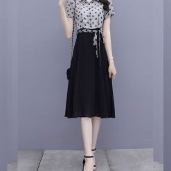 Robe Trapèze en Mousseline de Soie pour Femme, Élégante, Mode, Col Polo, Imprimé à Pois, Laçage à la Taille, Chic, Coréen, Éducatif, Nouvelle Collection 2022 1
