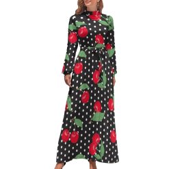 Robe longue rouge à pois pour femmes, tenue de plage, style boho, manches longues, taille haute, sexy, maxi 1