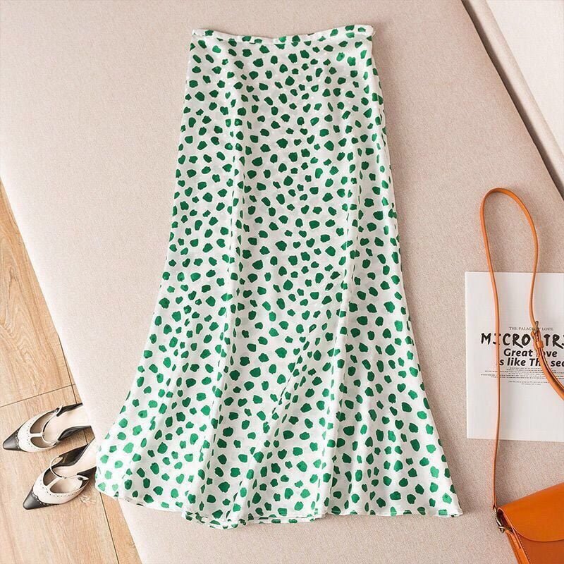 Jupe trapèze en Satin vert sans doublure pour Femme, tenue assortie à tout, taille haute, à pois, nouvelle collection 2023 2