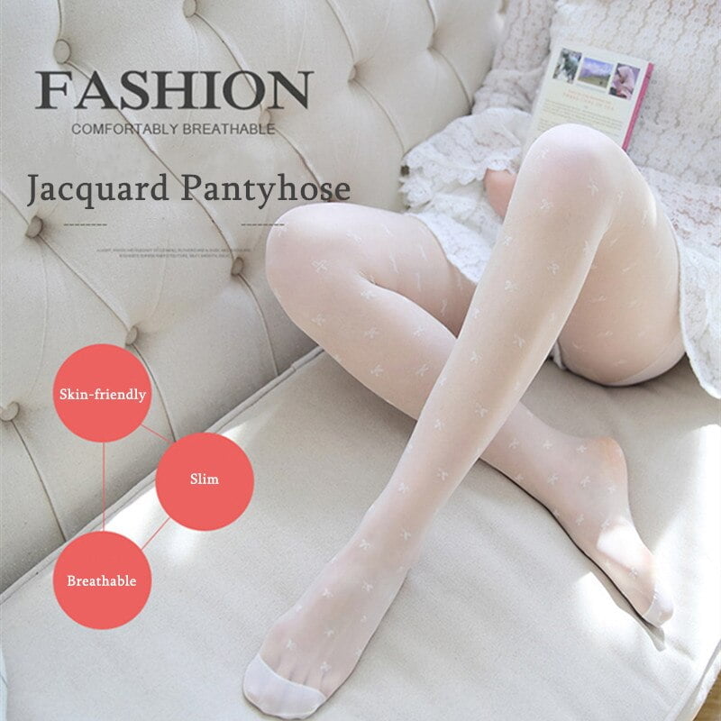 DOIAESKV – bas Jacquard en résille blanc pour femmes, collant fin et Sexy, avec nœud papillon haut 2