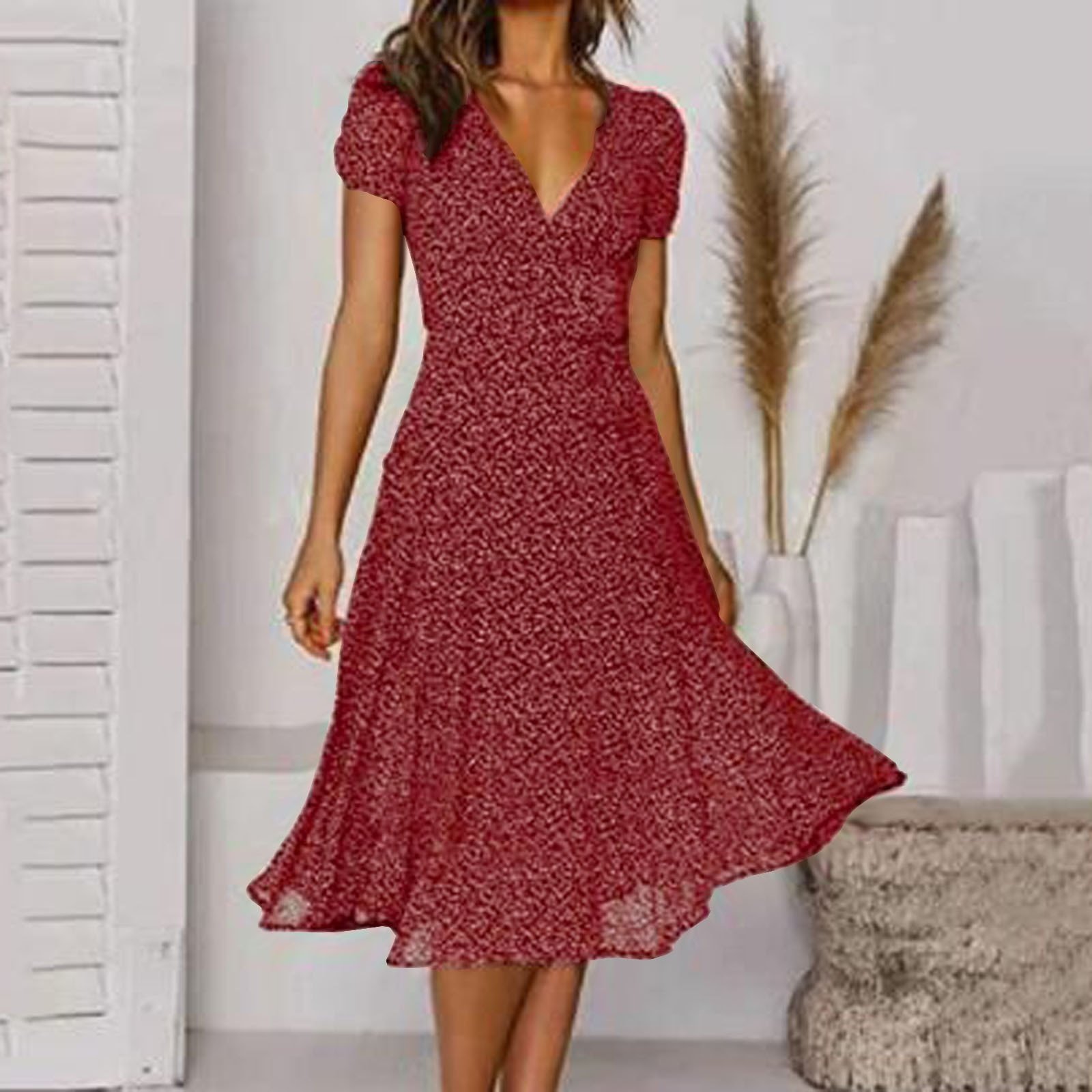 Robe de plage style bohème pour femmes, décontractée, col en V, imprimé à pois, manches courtes, à lacets, été 2