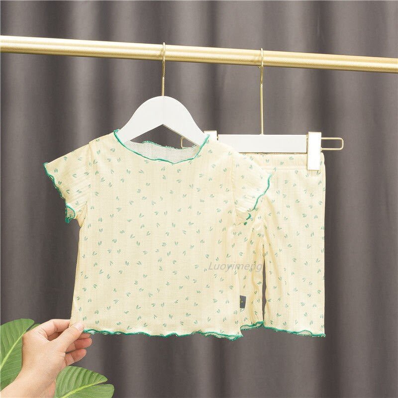 Pyjama coréen à fleurs pour bébés filles, vêtements d'été, vêtements de loisirs, pour la maison, t-shirt, Short, costume, vêtements de nuit à manches courtes pour tout-petits 2
