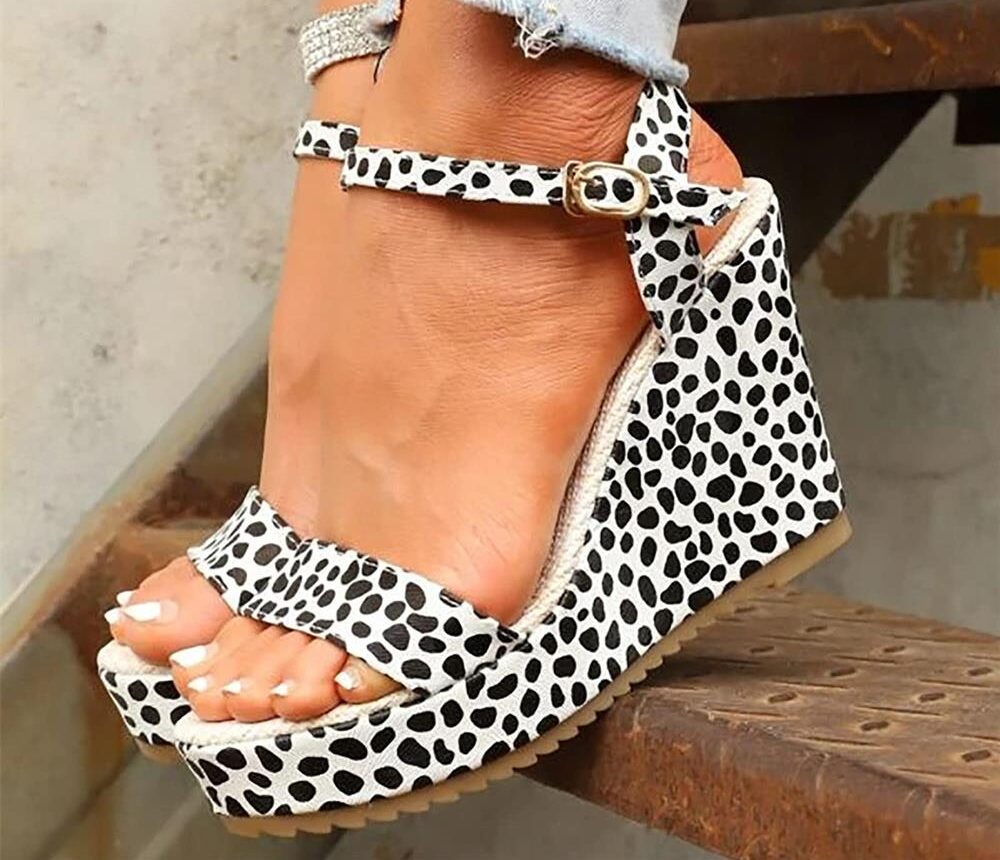 Sandales à Talons Hauts et Semelles Compensées pour Femme, Chaussures Décontractées, Grande Taille 42, à la Mode, Motif Léopard et Pois, Nouvelle Collection 2