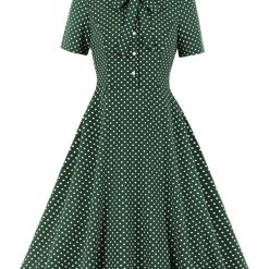 Tonval – robe chemise trapèze Vintage pour femme, tenue élégante, verte, col papillon, boutons devant, pois, Pinup, années 50, été 1