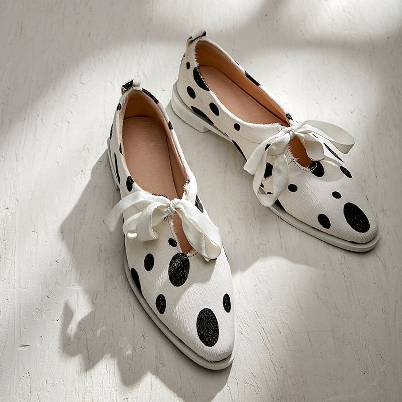 Mocassins pointus en crin de cheval doux pour femmes, chaussures plates à pois, talon plat, mocassins décontractés à lacets, printemps, automne, grande taille 43 1