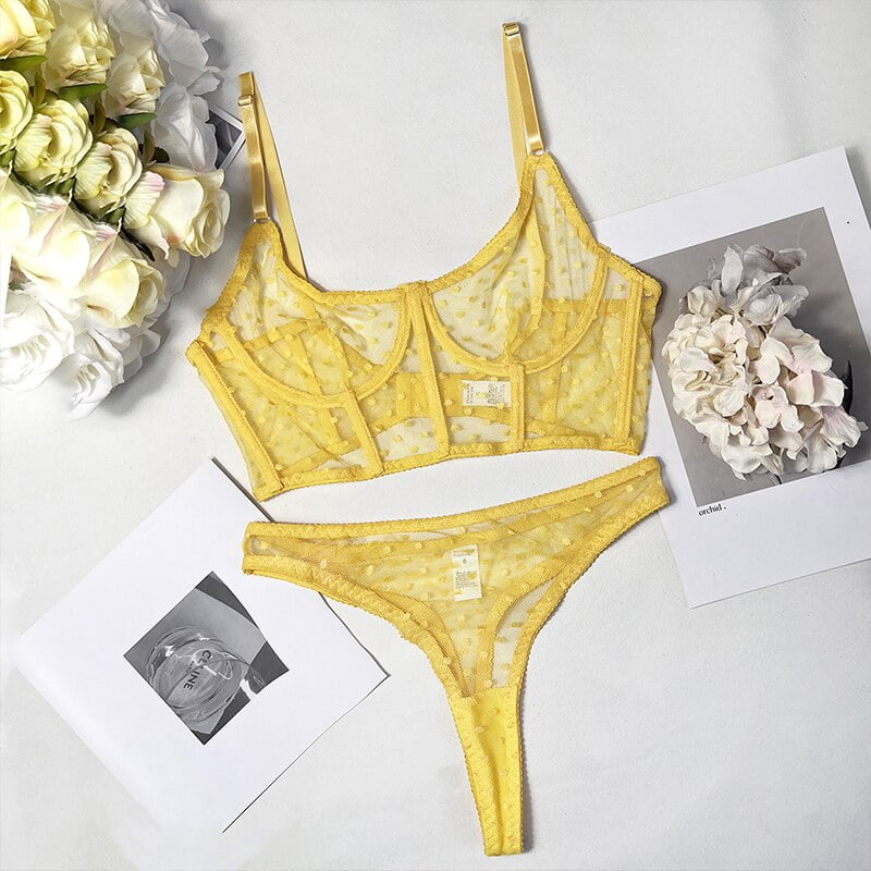 Ensemble de lingerie sensuelle à pois pour femmes, soutien-gorge et culotte en dentelle, vêtements de nuit Babydoll en maille sexy, tenues de vêtements de nuit transparentes, 2 pièces 2