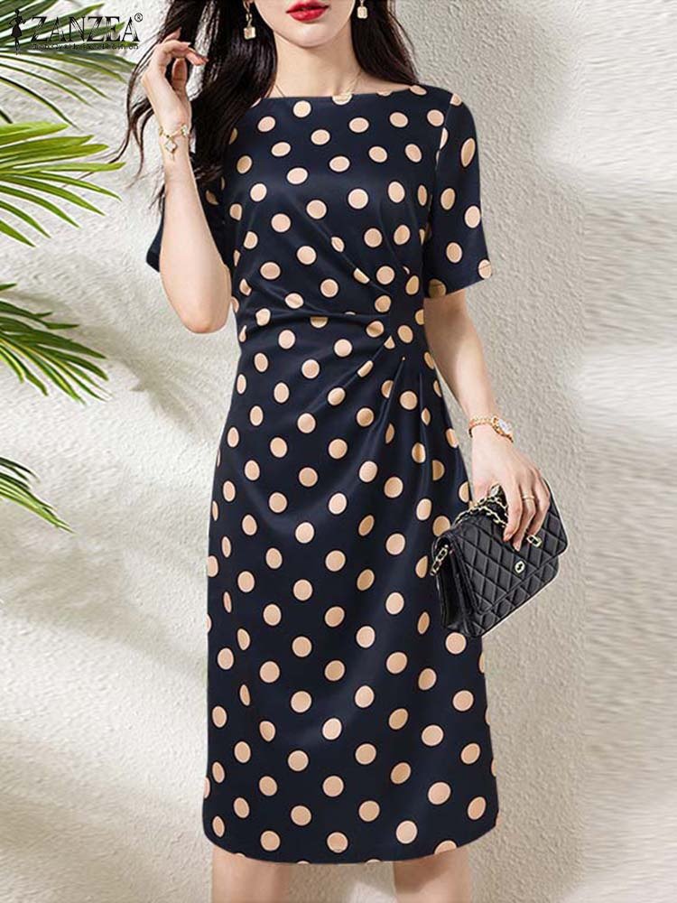 ZANZEA-Robe de vacances à pois pour femmes, style bohème, col rond, vintage, robe d'été, slim plissée, décontractée, longueur au genou, élégante, été, 2023 2