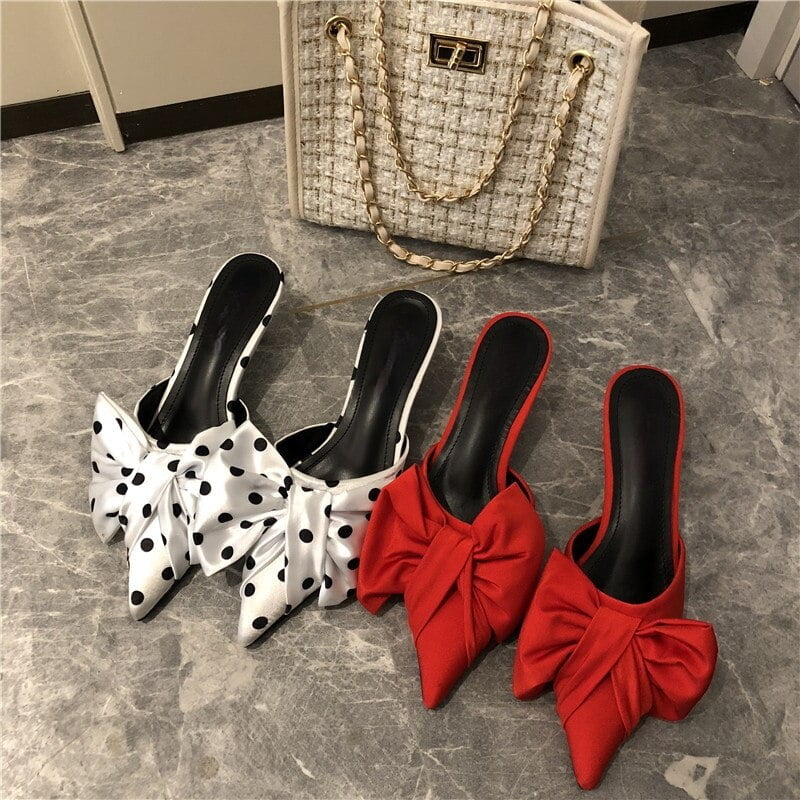 Pantoufles pointues à pois pour femmes, style coréen, nœud à pois, talon moyen, talon bas, demi-pantoufles de printemps, nouveau, 2021 2