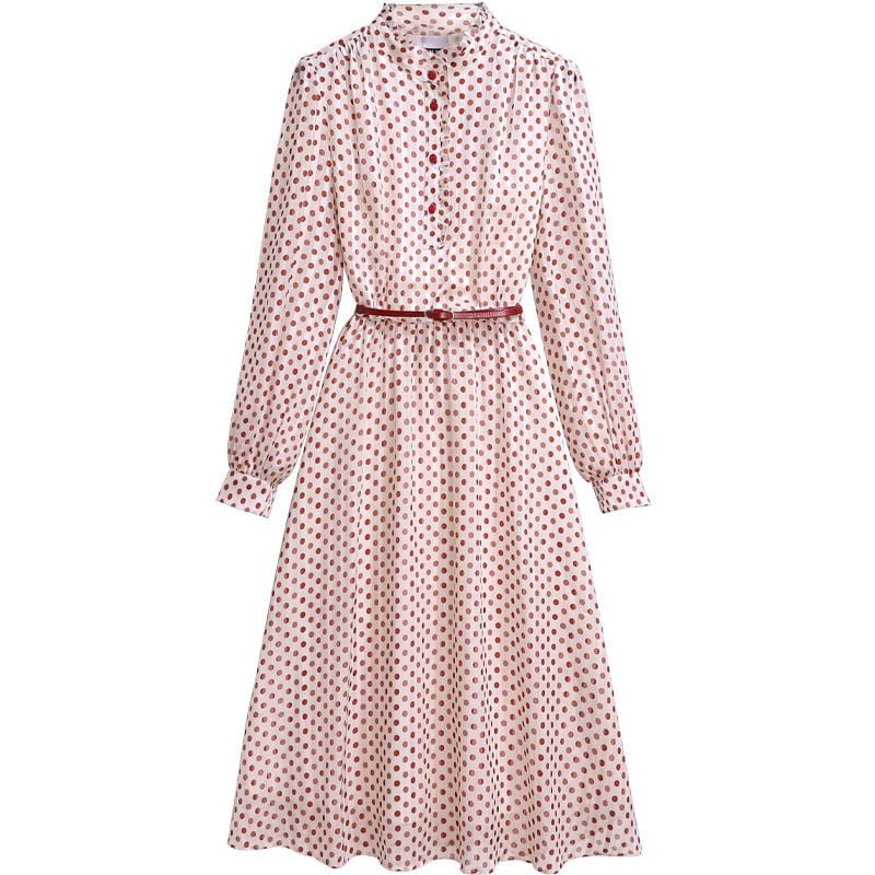 Robe mi-longue élégante à pois pour femmes, col à volants doux, manches longues, robes de soirée A-ligne, robe éducative coréenne, vintage, été 2