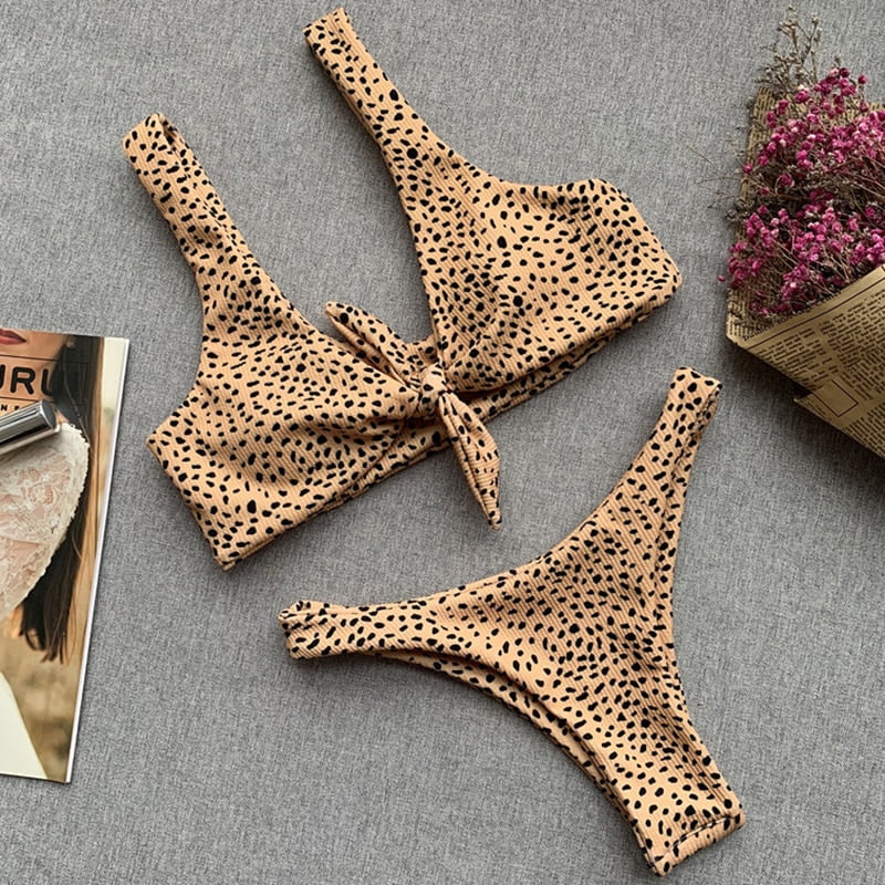 Maillot de bain brésilien sexy pour femmes, bikini à pois léopard avec nœud papillon, coupe haute, costume de bain solide, maillots de bain 600 deau, 2022 2