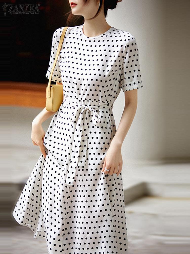 ZANZEA-Robe mi-longue bohème à pois pour femmes, robe d'été pour femmes, manches courtes, poche adt décontractée, robe ceinturée élégante, mode éducative, été 2023 2