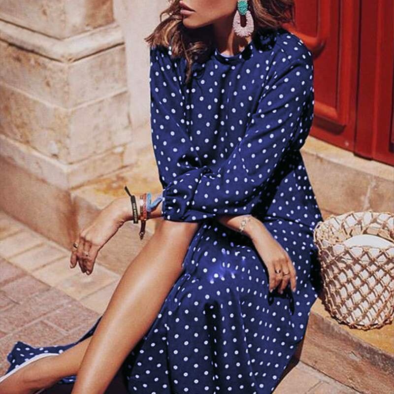 NEDEINS-Robe longue bleue style Boho, manches longues, élégante, grande taille, imprimé à pois, automne 2