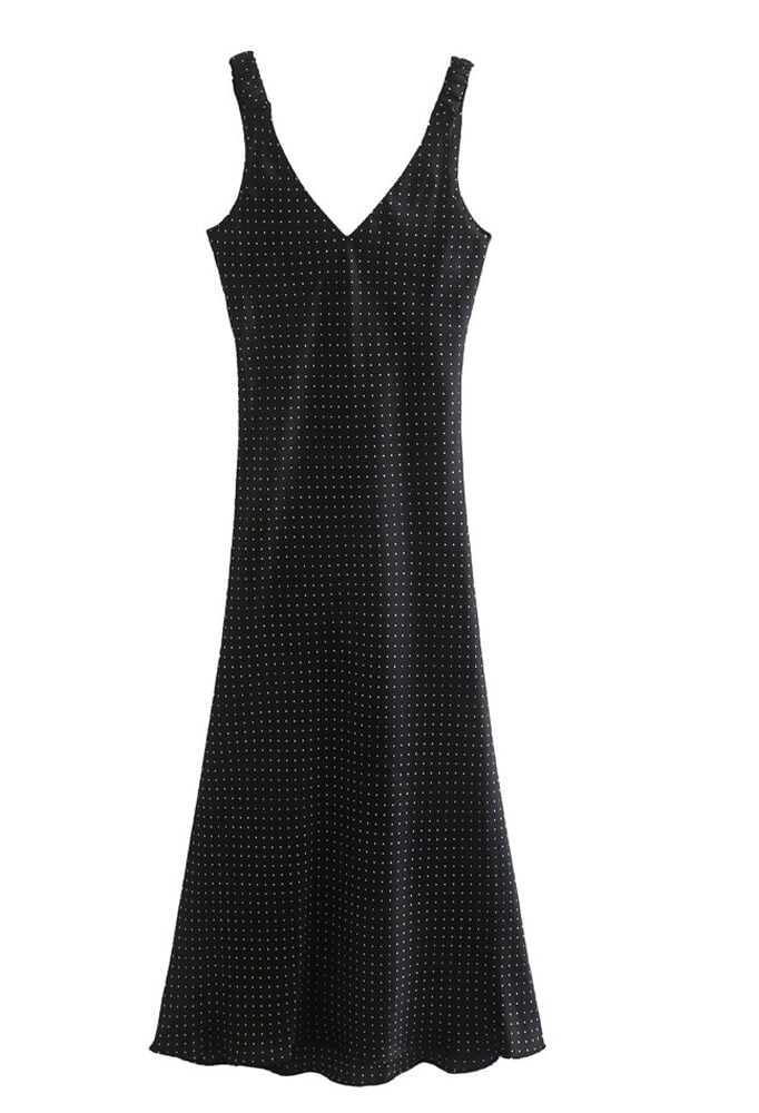 Robe camisole rétro à pois pour femmes, col en v, large épaule, ceinture, ourlet évasé, chic, mi-longue, mode 2023 1