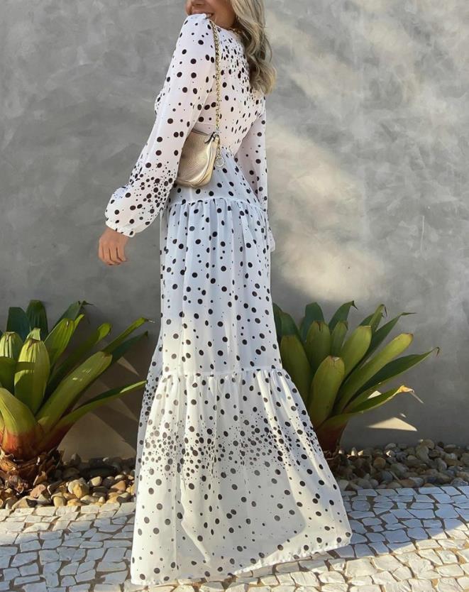 Robe longue décontractée à pois pour femmes, manches longues, col en V, bouton sur le devant, ligne 03/A, mode de fête, automne, 2022 2