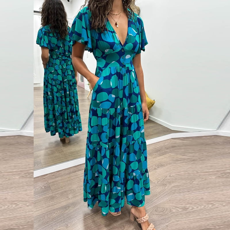 Robes longues plissées à pois pour femmes, col en V, simple, bouton unique, multi-boutons, tempérament élégant, nouveau, 2023 2