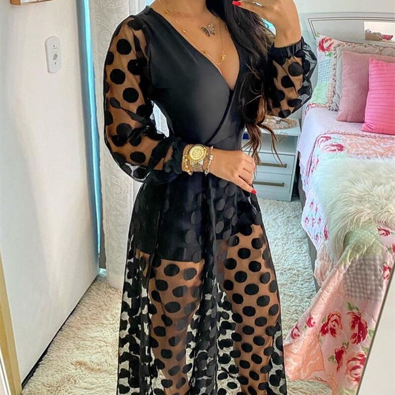 Robe maxi transparente à manches longues et col en V pour femmes, vêtements pour femmes, imprimé à pois, rond, fête de mariage, formel, élégant, Boho, printemps, 2021 2