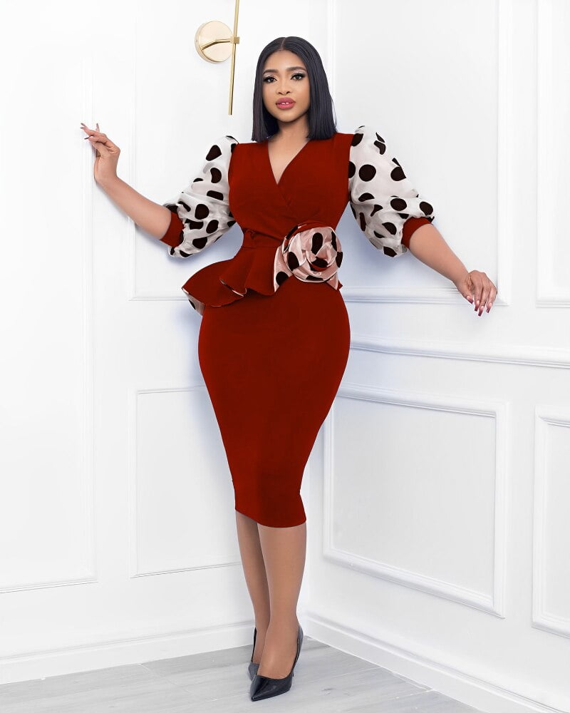 Robe mi-longue à pois pour femmes, maille élégante, manches courtes, col en V, péplum, travail, bureau, dame, robe de soirée, quelle que soit la robe, Y2K 2