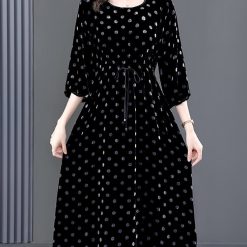 Robe mi-longue en velours à pois noirs pour femmes, manches longues, optique chaude et élégante, vintage coréen, Hepburn, automne, hiver, nouveau, 2023 1