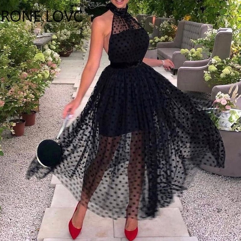 Robe mi-longue sexy à pois pour femmes, robes de soirée noires, monochromatique, licou, fibre trapèze 1
