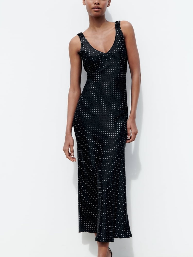 ZBZA-Robe longue à pois pour femmes, sous-vêtements à col en V, bretelles larges, ourlet trapèze, style fronde, fermeture à glissière cachée, printemps, nouveau 2