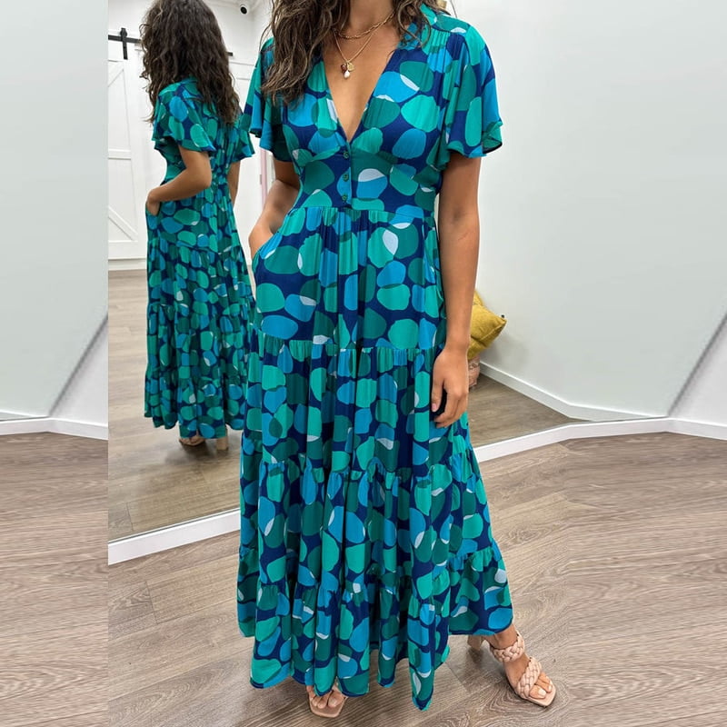 Robes longues plissées à pois pour femmes, col en V, simple, bouton unique, multi-boutons, tempérament élégant, nouveau, 2023 1