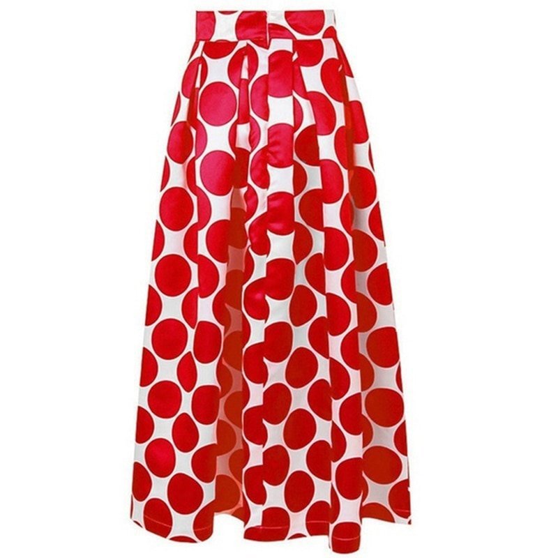 Jupe longue plissée taille haute à pois pour femmes, jupe maxi vintage, fermeture éclair, imprimé, automne, décontracté, élégant, noir, bleu, rouge 2