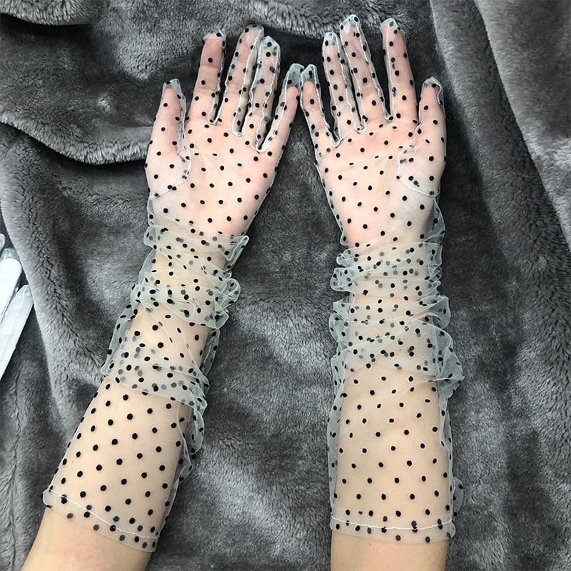 Gants courts en tulle et dentelle extensible pour femmes, mitaines à doigts complets, gants de désherbage à pois blancs et noirs, automne et été 2