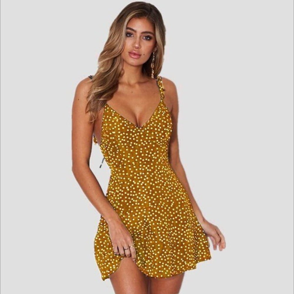 Robe courte à pois pour femmes, sexy, à lacets, dos nu, décolleté en V profond, bretelles spaghetti, mini, trapèze, été 2