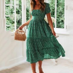 Femme Robe Tunique Boho Printemps Été Manches Courtes Col Carré Petit Imprimé Pois Longueur Genou Robes De Soirée CK-3474 1