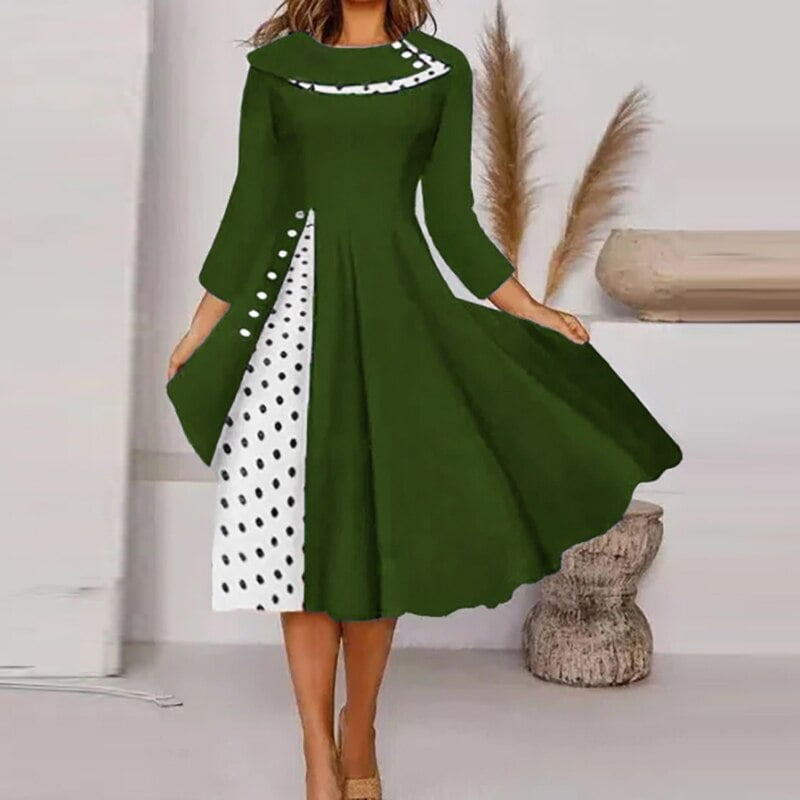 Robe de soirée trapèze mi-longue pour femme, revers à pois, manches cousues, enveloppée aux hanches, rétro, tempérament, nouveau, 2023 2