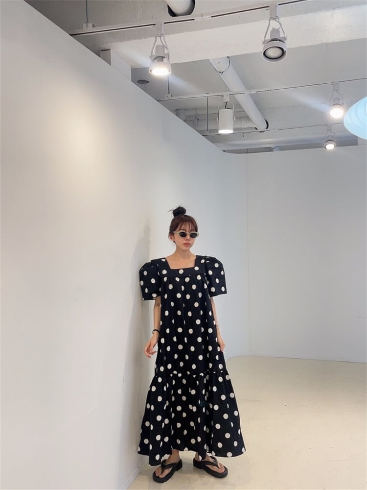 Robe d'été à manches bouffantes pour femmes, tenue décontractée de bureau, ample, noire, mode coréenne, pull Long imprimé 2
