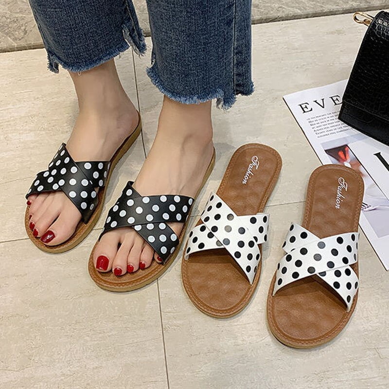 Pantoufles d'Été à Pois Noirs et Blancs pour Femme, Sandales de Plage en PVC, à Bande Étroite Croisée, à la Mode 1