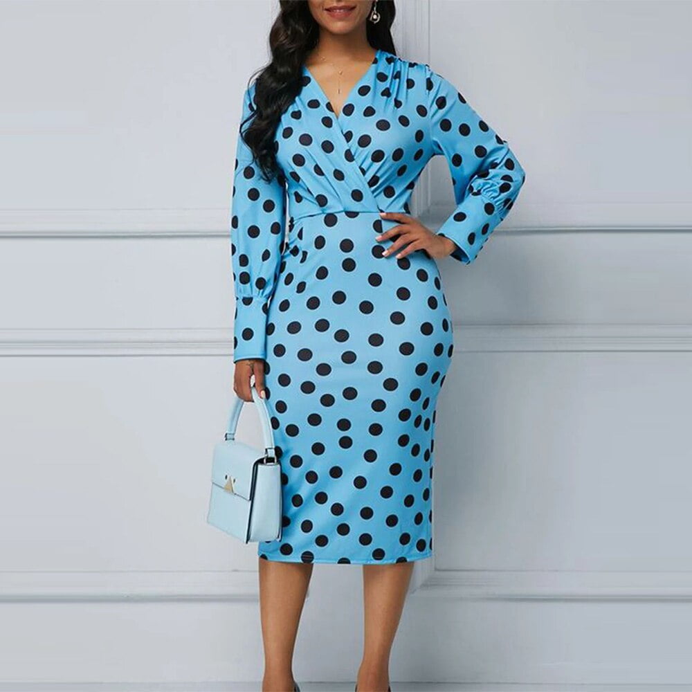 Robe de Soirée Froncée à Pois pour Femme, Tenue Élégante, Col en V, Manches sulf, Taille Haute, Bureau, Sexy, Couleur Bleue 2
