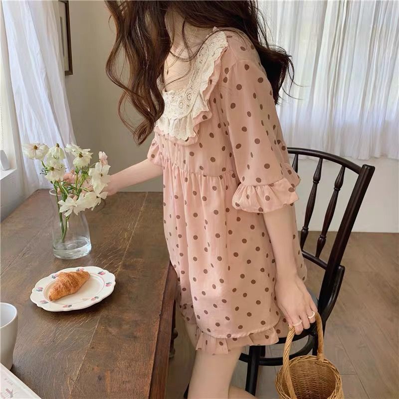 Vêtements de nuit en dentelle à pois pour femmes, ensembles de pyjama à volants, manches courtes, style coréen, vêtements de nuit 2 pièces, maison trempée 2