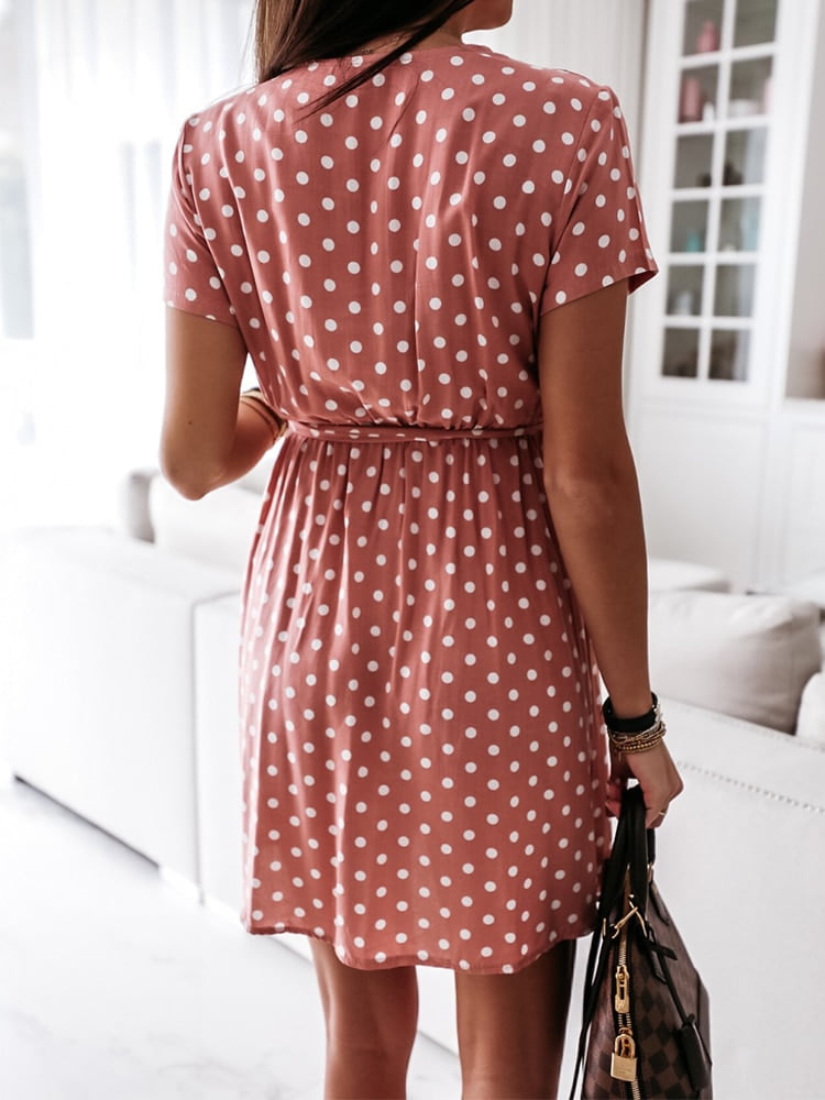 Mini robe à manches courtes et col en V pour femmes, robe fendue à pois, robe de plage bohème, robe de vacances, mode estivale 2