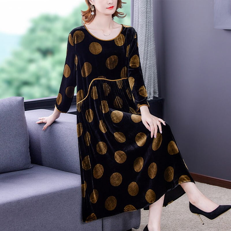 Robe mi-longue en velours à pois dorés pour femmes, vêtements de grande taille, robe à fond, coréen, français, automne, hiver, nouveau, M750, 2021 1