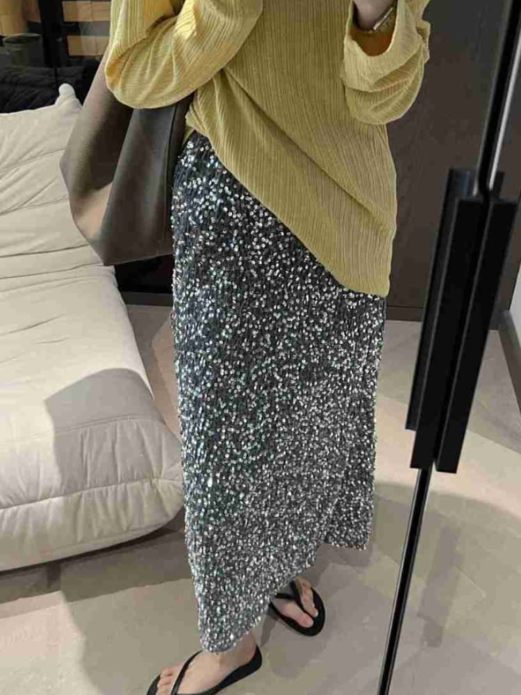 Jupes mi-longues à paillettes taille haute pour femmes, jupes élégantes, mode coréenne, fente arrière, ligne A, décontracté, simple, tout match, automne 2