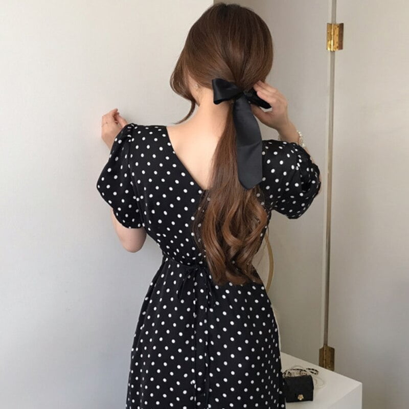 Robe longue imprimée à pois pour femme, col carré, taille haute, manches bouffantes, rétro français, robes chics coréennes, plein écran, été 2