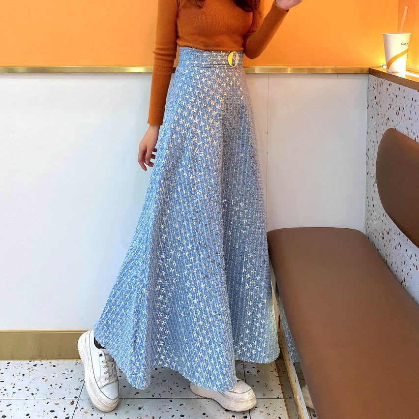 Jupe longue en jean Denim pour femmes, vêtement décontracté, Style rétro, paillettes, pois, ligne a, Maxi, 2021 2