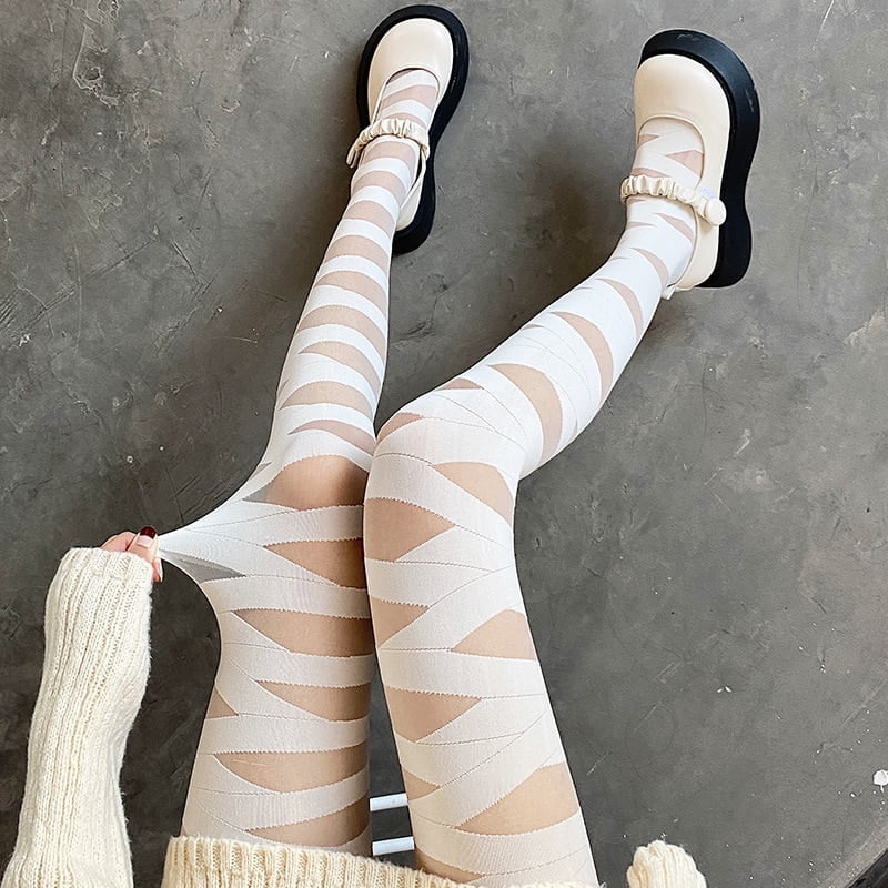 JK Lolita – bas transparents à rayures, Sexy, noir, Harajuku, tentation pour femmes, chaussettes hautes aux genoux 2