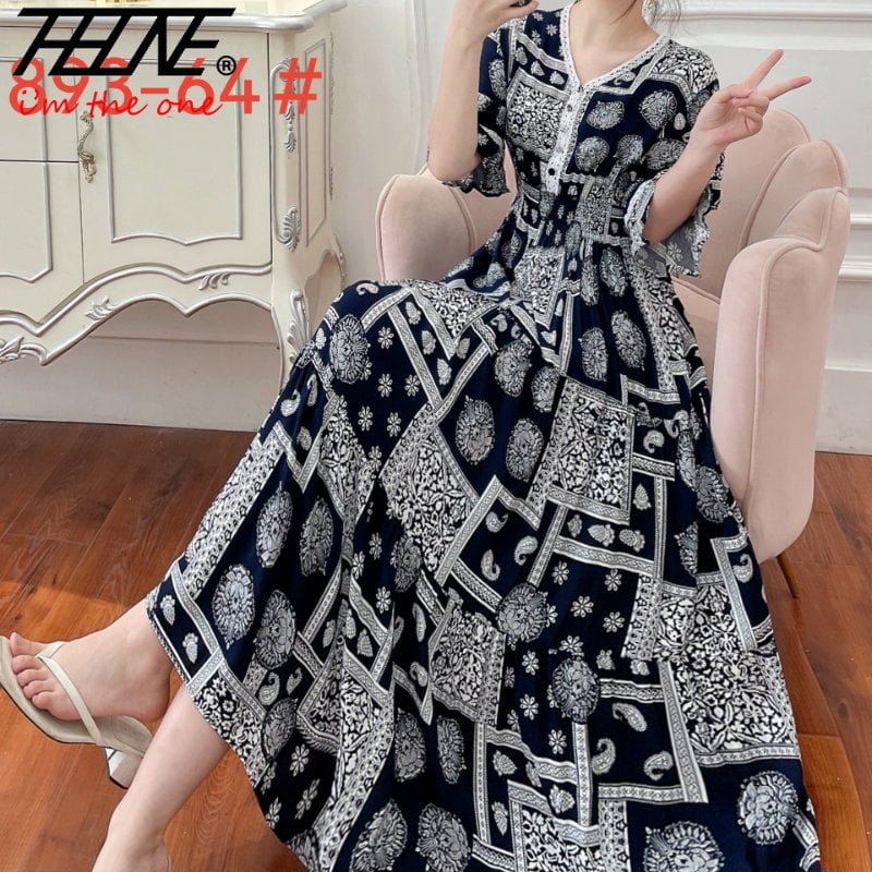 Robe d'été pour femmes, style bohème coréen, en coton, imprimé floral, maxi, col en v, décontracté, vintage, éducatif 1