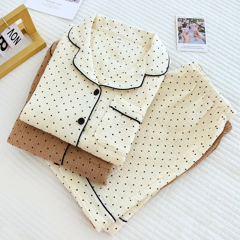 Pyjama en crêpe de coton pour femmes, ensemble deux pièces, à manches courtes, à pois, confortable, grande taille, vêtements de maison, nouvelle collection été 2023 2